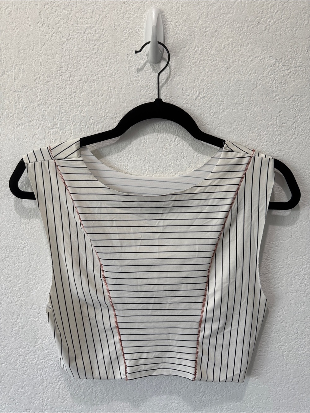 Boys + Arrows White Crop Bikini Top with Black Pinstripes and Red Stitching